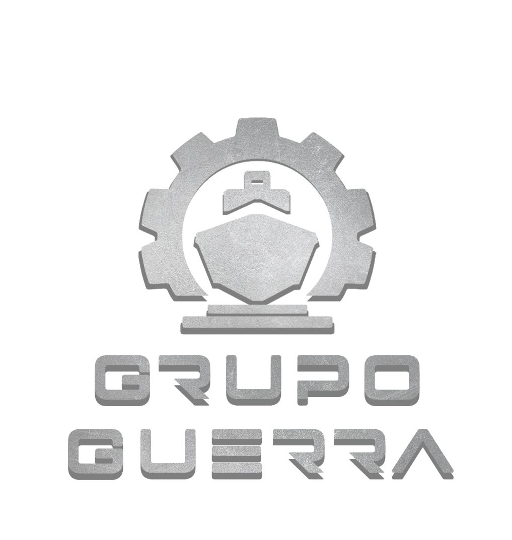 Logotipo do Grupo Guerra, com o ícone de uma engrenagem contendo um navio no centro e o nome “GRUPO GUERRA” escrito abaixo em letras estilizadas.