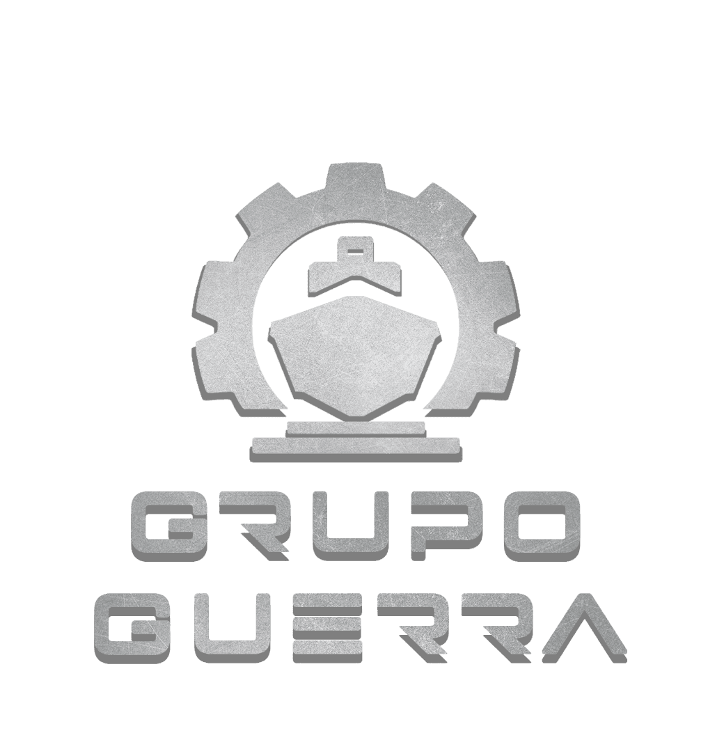 Logotipo do Grupo Guerra, com o ícone de uma engrenagem contendo um navio no centro e o nome GRUPO GUERRA escrito abaixo em letras estilizadas.