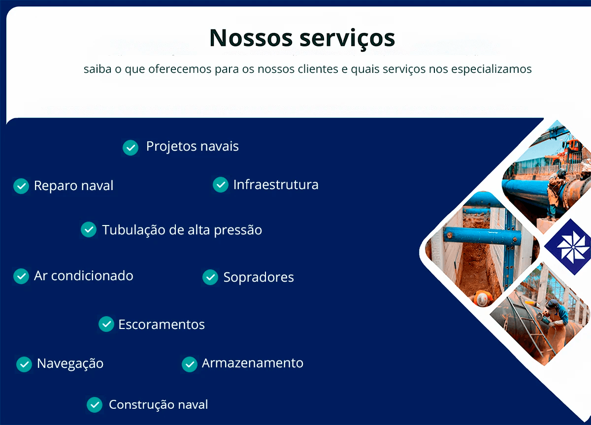 Seção Nossos serviços apresentando os serviços oferecidos pela empresa, como projetos navais, infraestrutura, reparo naval, tubulação de alta pressão, ar condicionado, sopradores, escoramentos, navegação, armazenamento e construção naval.